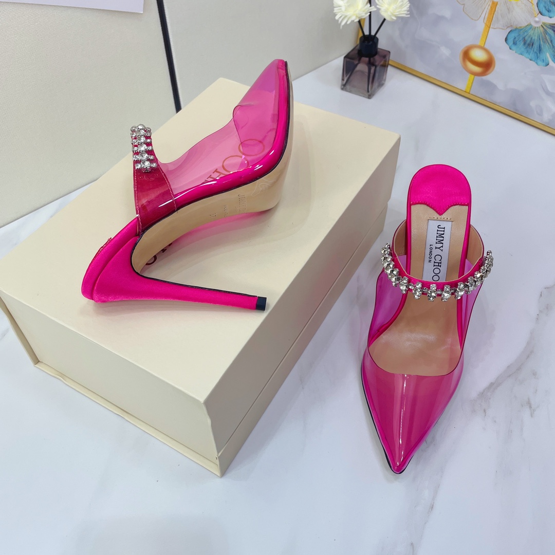 Jimmy Choo Bing 100 Hot Pink Neon Plexi Mules With Pink Crystal Strap - DopestKickz