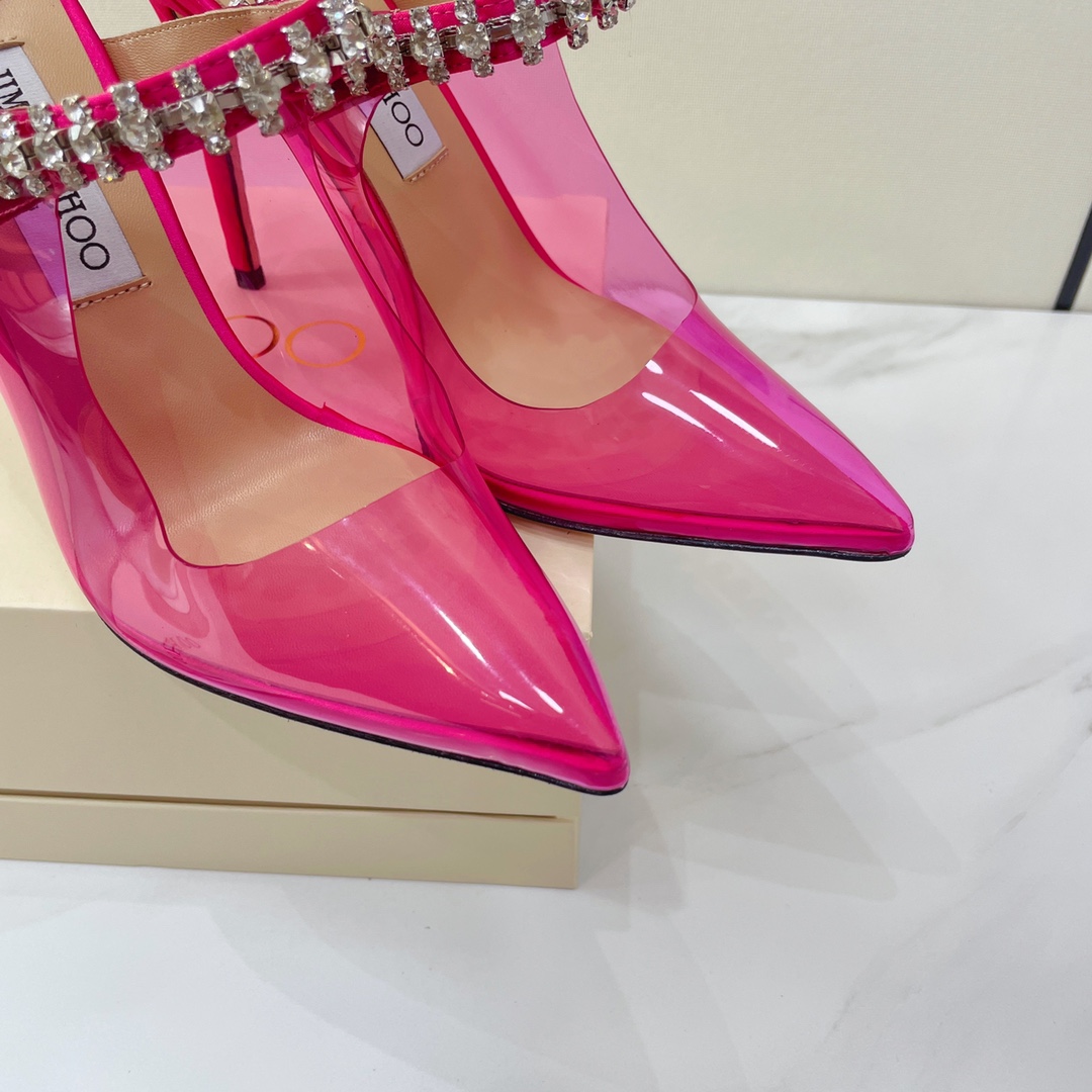 Jimmy Choo Bing 100 Hot Pink Neon Plexi Mules With Pink Crystal Strap - DopestKickz