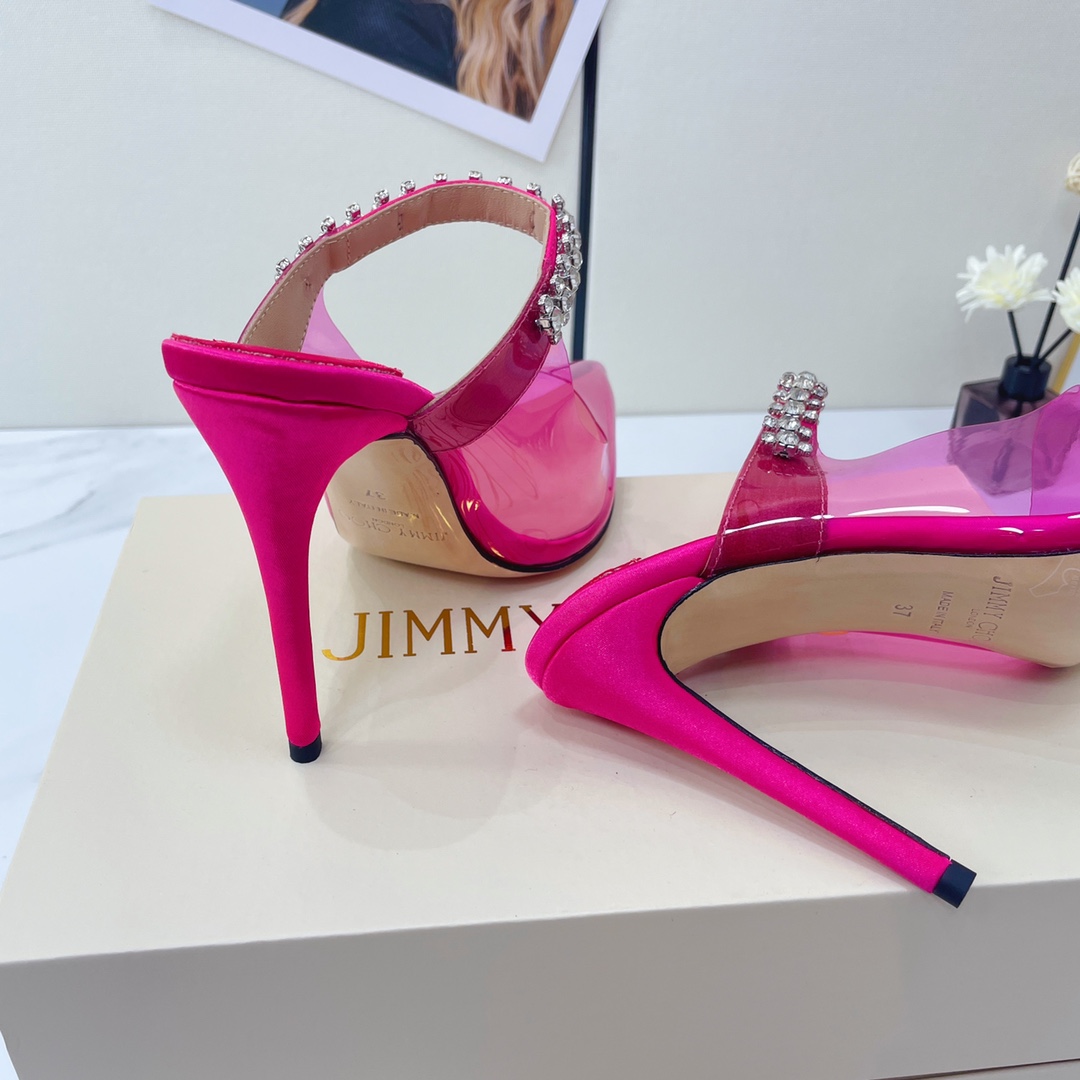 Jimmy Choo Bing 100 Hot Pink Neon Plexi Mules With Pink Crystal Strap - DopestKickz