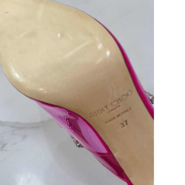 Jimmy Choo Bing 100 Hot Pink Neon Plexi Mules With Pink Crystal Strap - DopestKickz