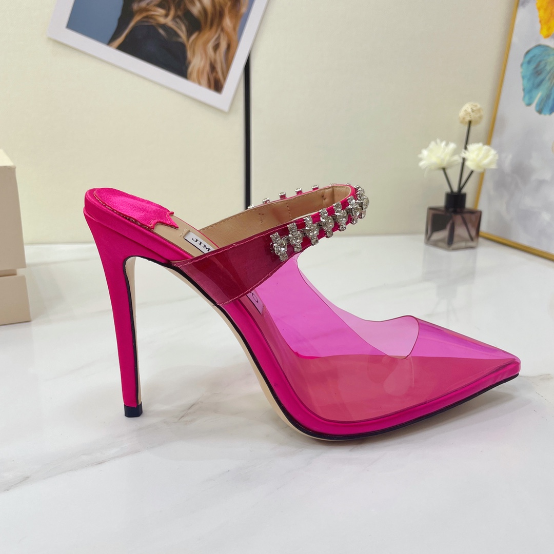 Jimmy Choo Bing 100 Hot Pink Neon Plexi Mules With Pink Crystal Strap - DopestKickz