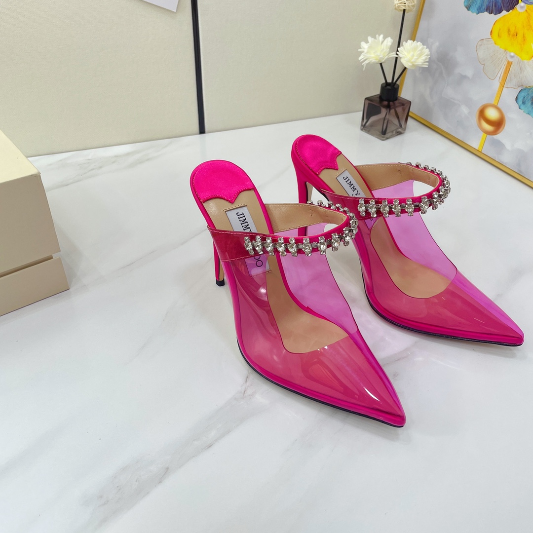 Jimmy Choo Bing 100 Hot Pink Neon Plexi Mules With Pink Crystal Strap - DopestKickz