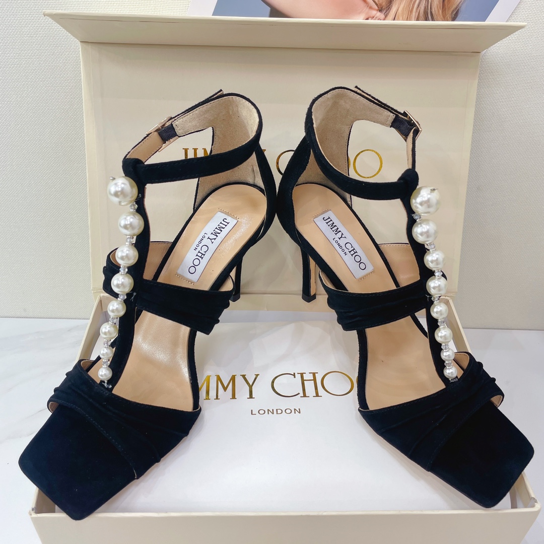Jimmy Choo Black Suede Sandals With Pearls And Crystals - DopestKickz