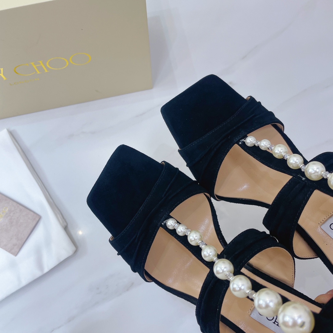 Jimmy Choo Black Suede Sandals With Pearls And Crystals - DopestKickz