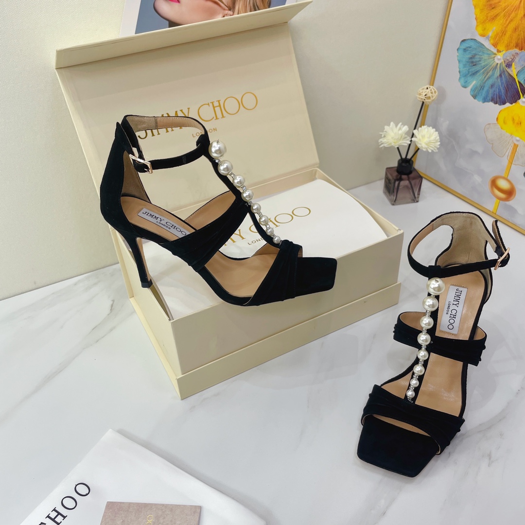 Jimmy Choo Black Suede Sandals With Pearls And Crystals - DopestKickz
