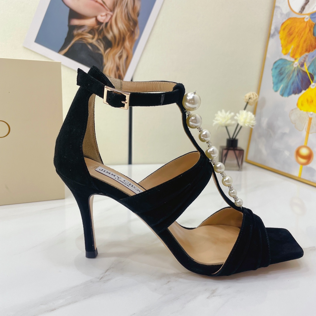 Jimmy Choo Black Suede Sandals With Pearls And Crystals - DopestKickz