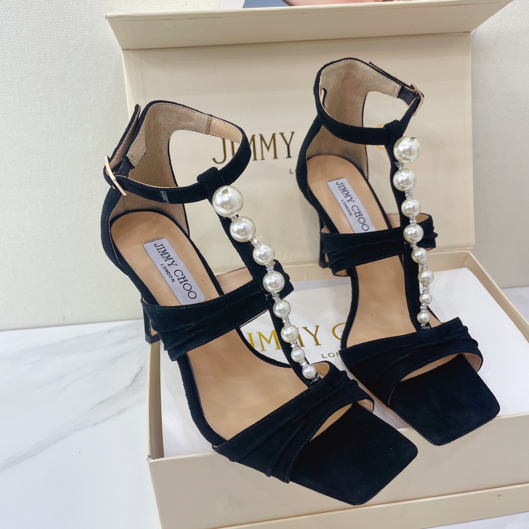Jimmy Choo Black Suede Sandals With Pearls And Crystals - DopestKickz