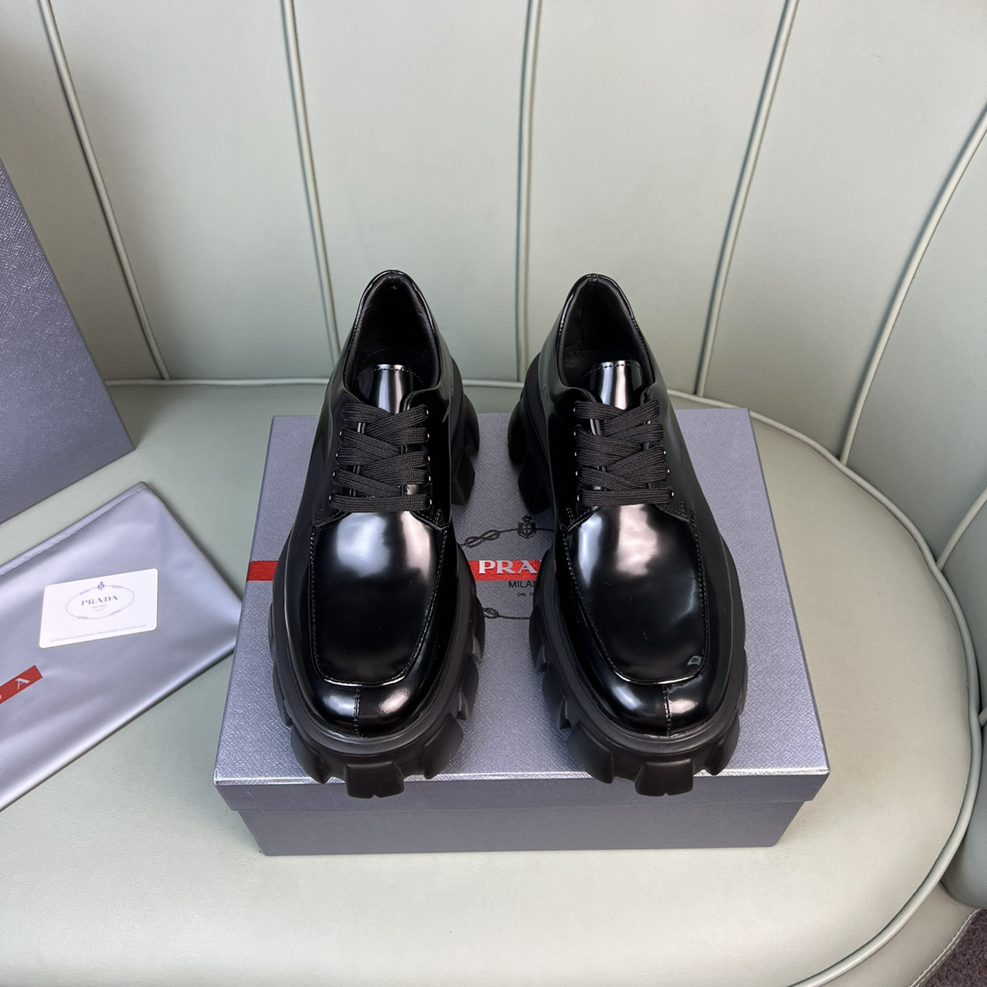 Prada Monolith Brushed Leather Lace-Up Shoes - DopestKickz