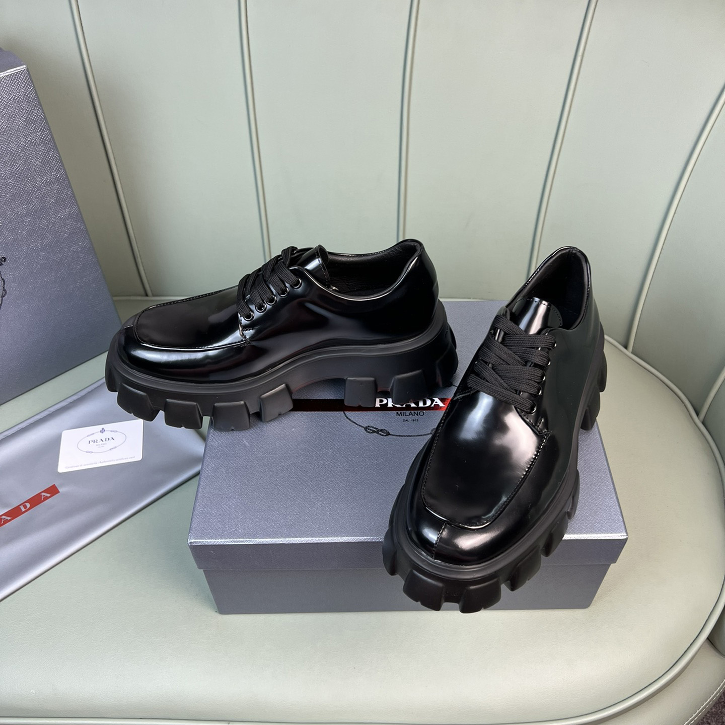 Prada Monolith Brushed Leather Lace-Up Shoes - DopestKickz