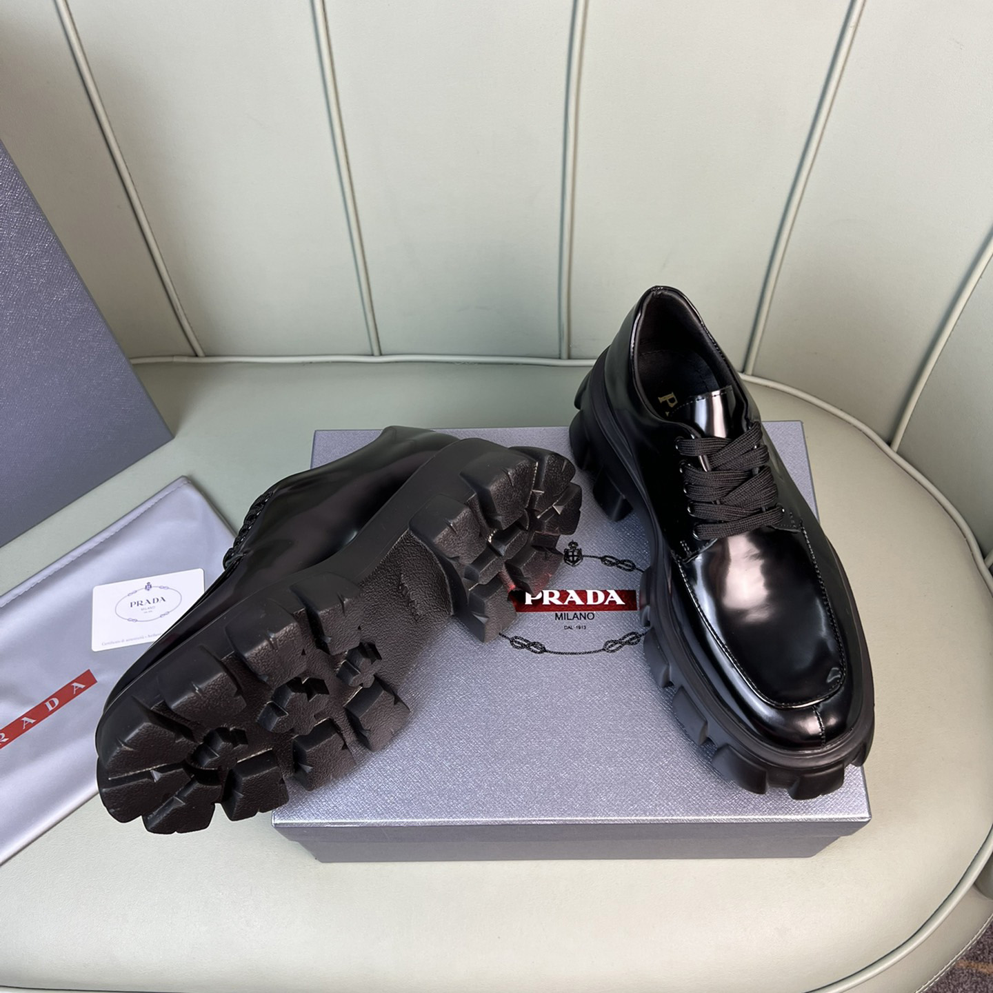 Prada Monolith Brushed Leather Lace-Up Shoes - DopestKickz