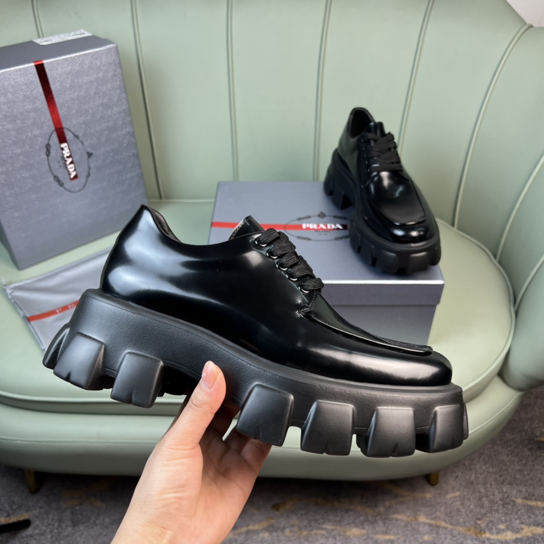 Prada Monolith Brushed Leather Lace-Up Shoes - DopestKickz