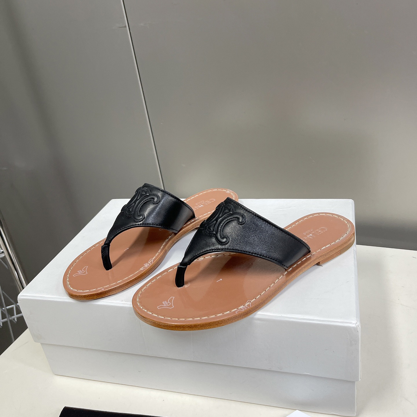 Celine Triomphe Flat Thong In Calfskin Black - DopestKickz