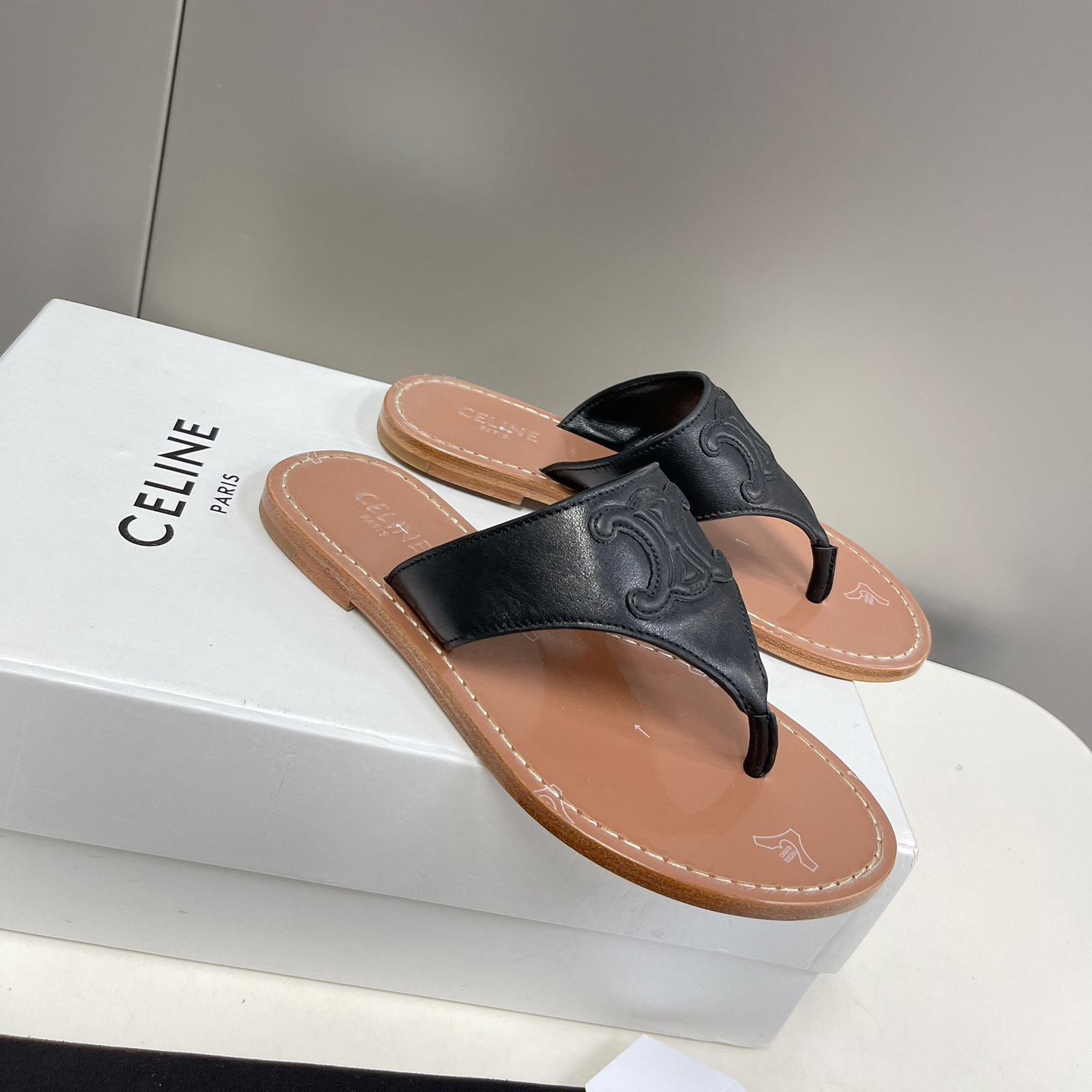 Celine Triomphe Flat Thong In Calfskin Black - DopestKickz