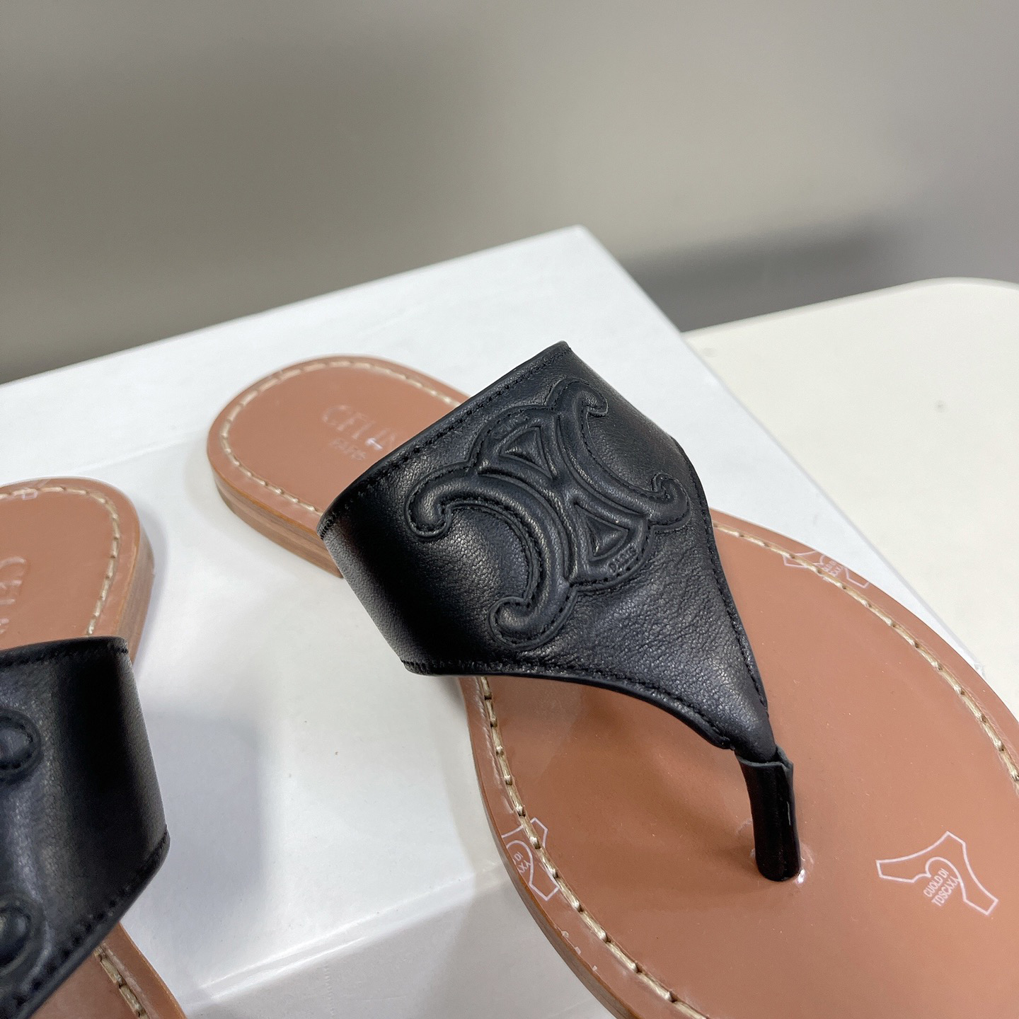 Celine Triomphe Flat Thong In Calfskin Black - DopestKickz