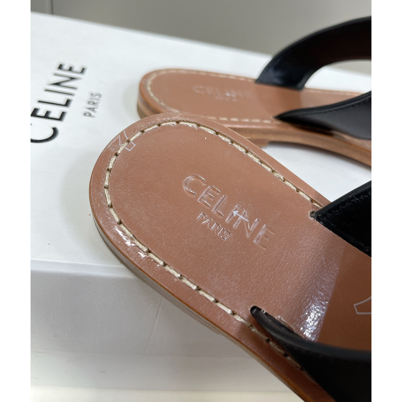 Celine Triomphe Flat Thong In Calfskin Black - DopestKickz