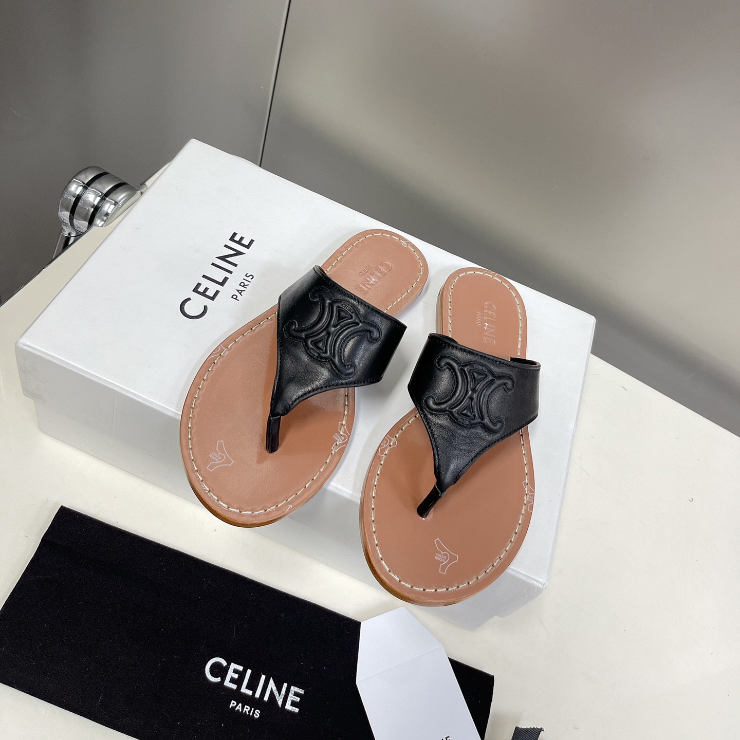 Celine Triomphe Flat Thong In Calfskin Black - DopestKickz
