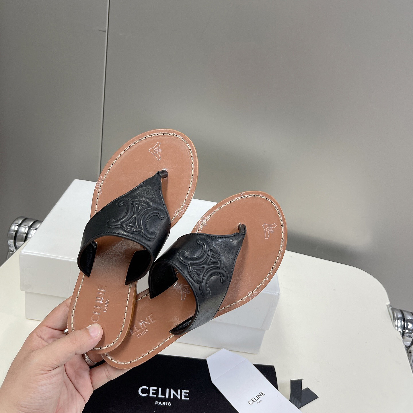 Celine Triomphe Flat Thong In Calfskin Black - DopestKickz