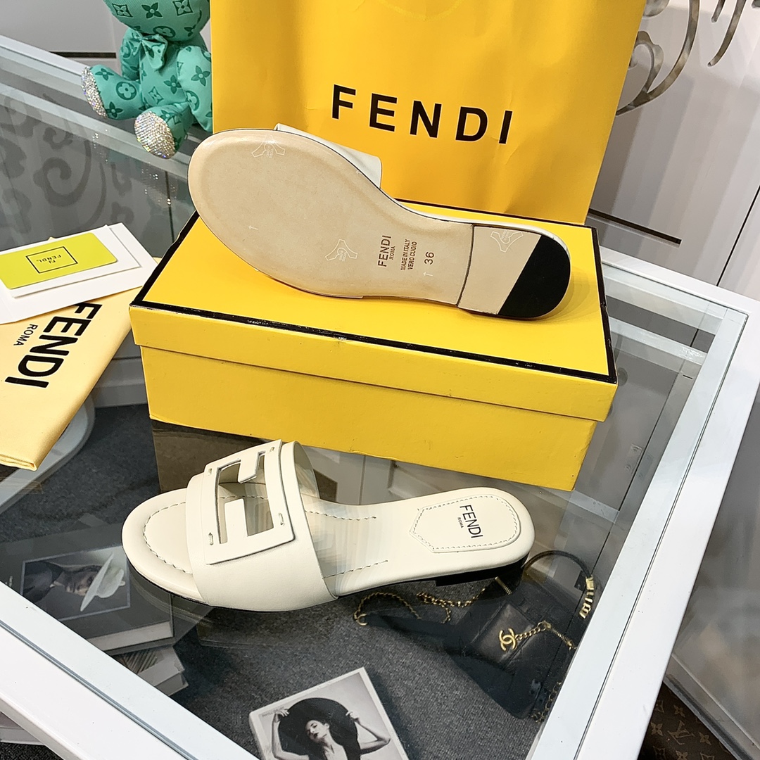 Fendi Signature Beige Leather Slides - DopestKickz