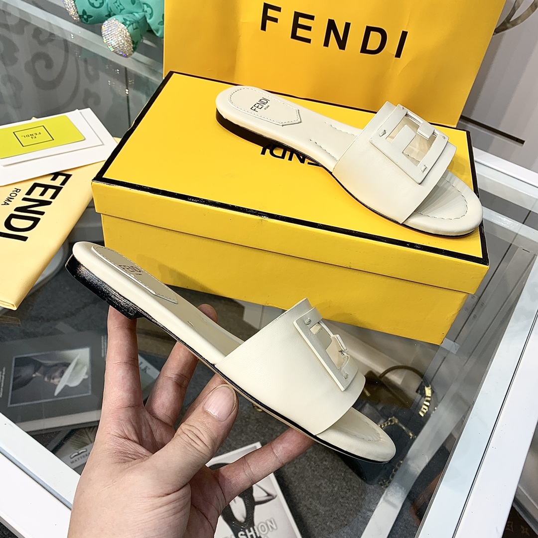 Fendi Signature Beige Leather Slides - DopestKickz