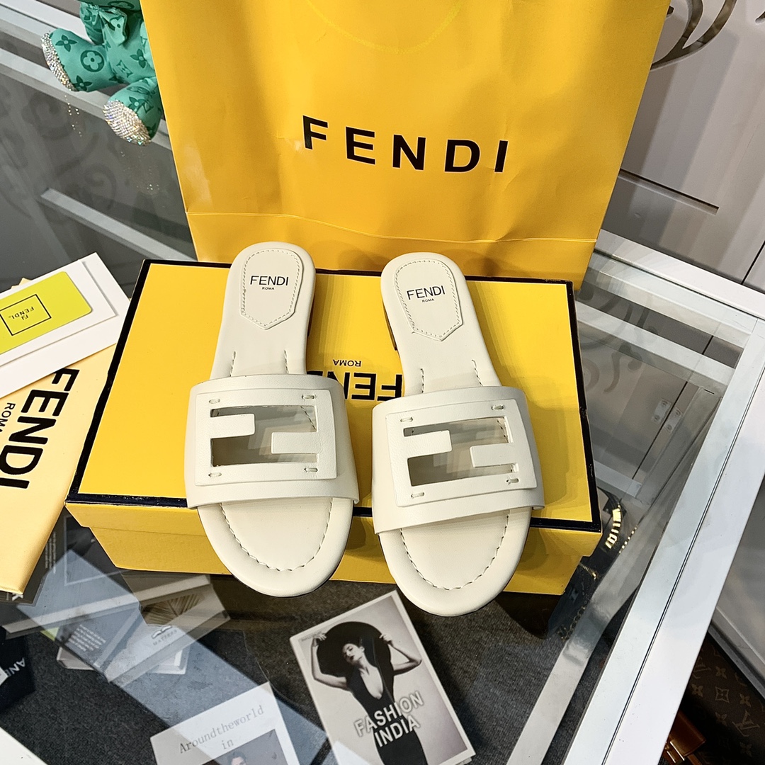 Fendi Signature Beige Leather Slides - DopestKickz