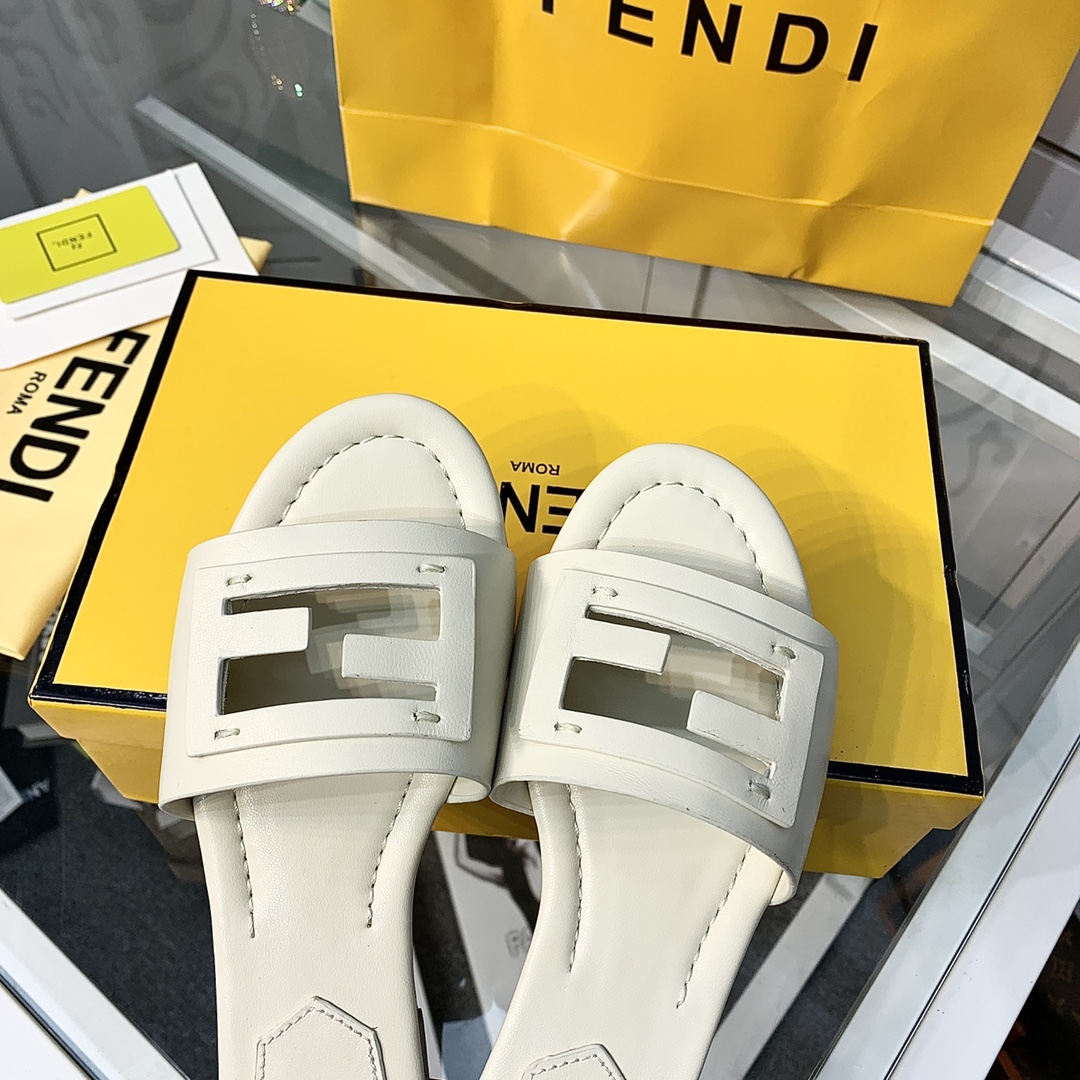 Fendi Signature Beige Leather Slides - DopestKickz