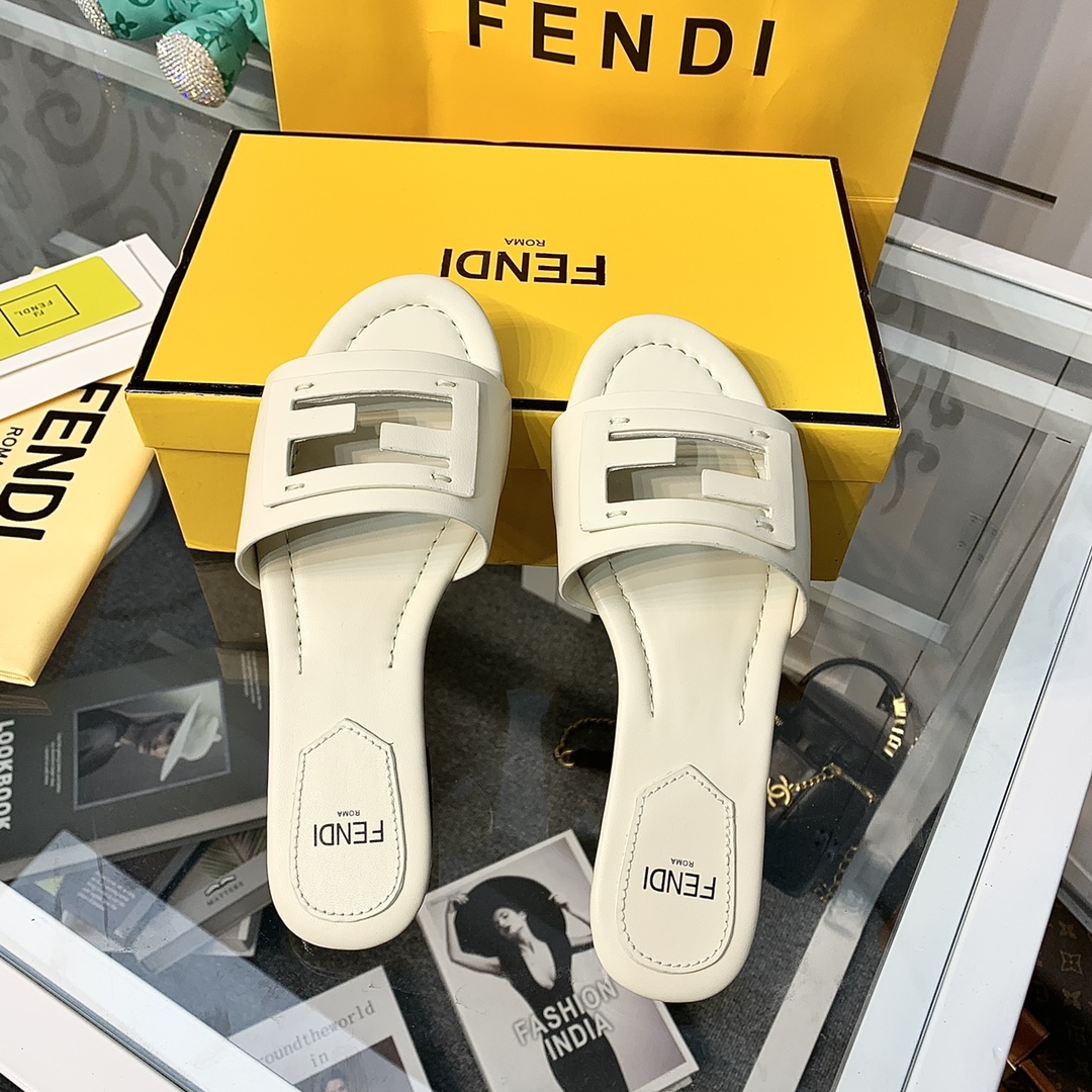 Fendi Signature Beige Leather Slides - DopestKickz