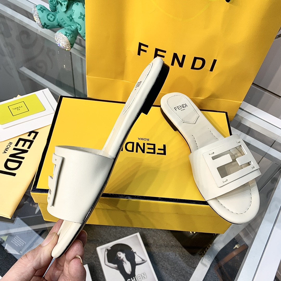 Fendi Signature Beige Leather Slides - DopestKickz