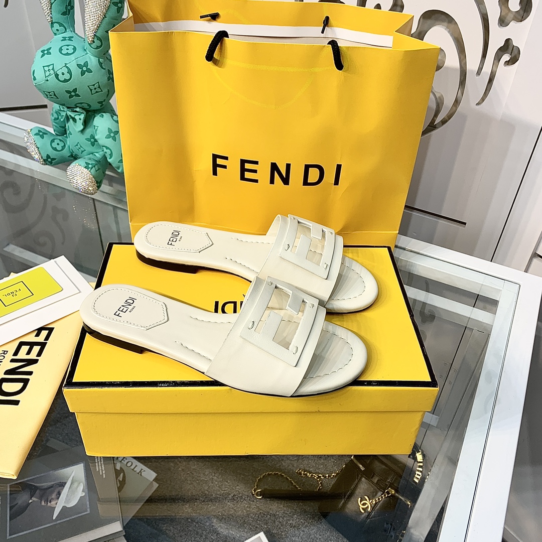 Fendi Signature Beige Leather Slides - DopestKickz