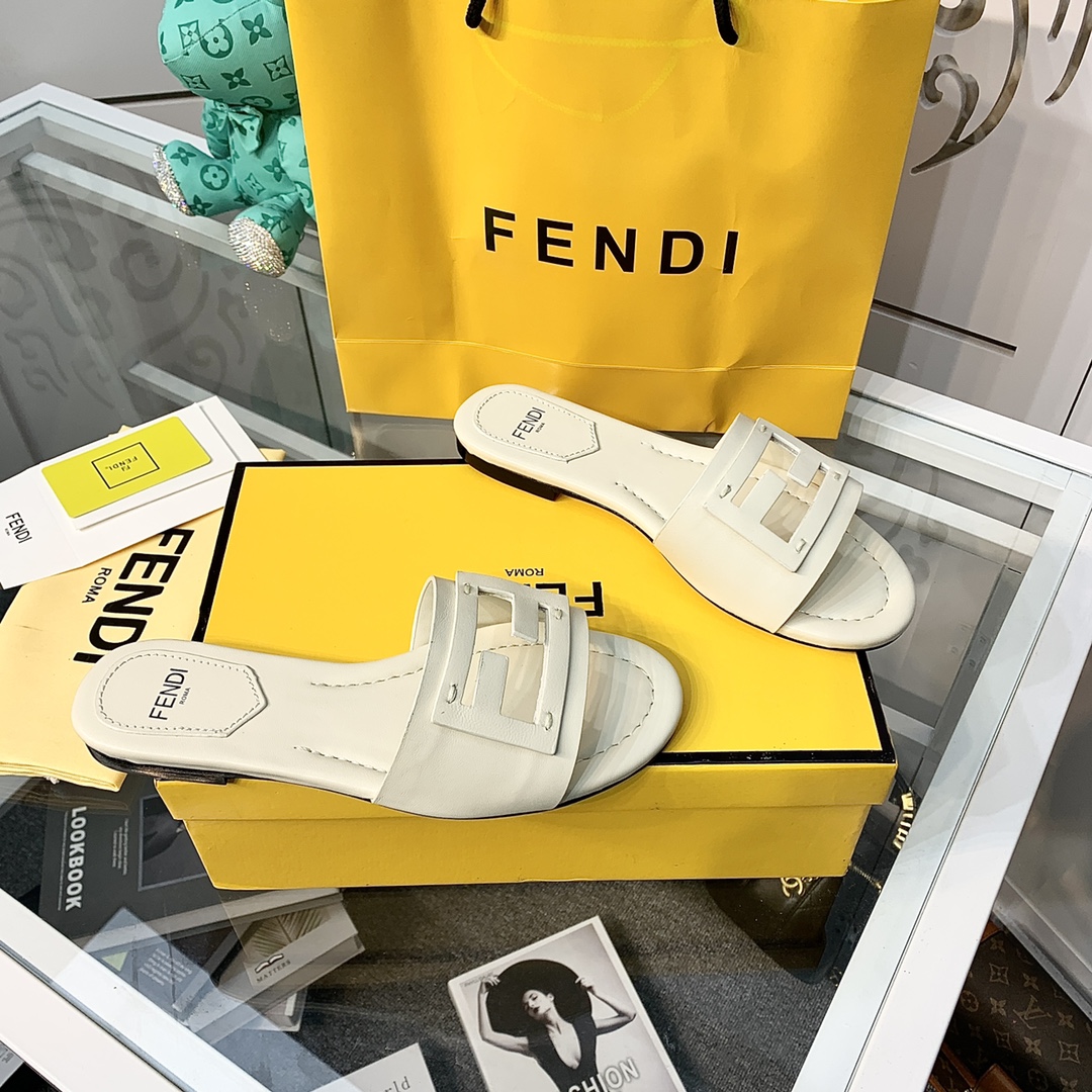 Fendi Signature Beige Leather Slides - DopestKickz