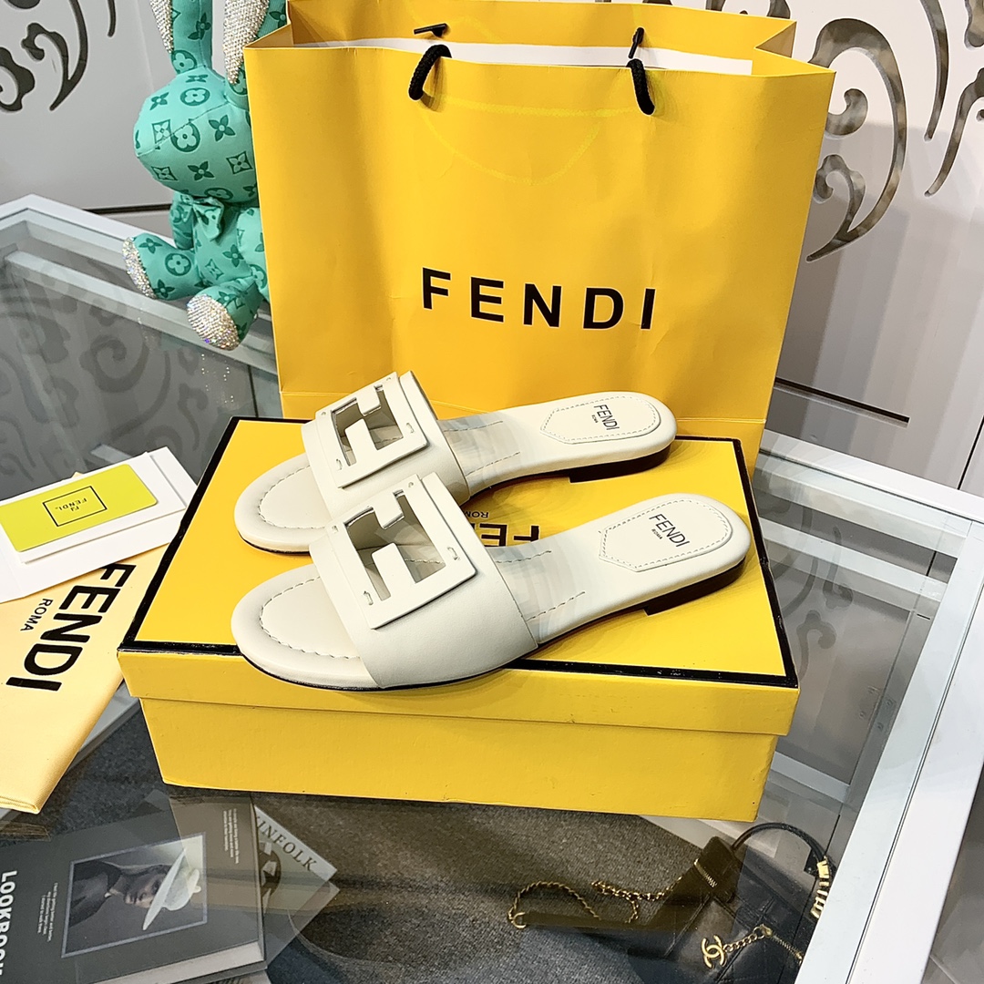 Fendi Signature Beige Leather Slides - DopestKickz