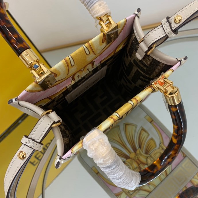 Versace x Fendi Mini Sunshine Shopper Fendace Printed White Leather Mini Bag(13-18-6.5cm) - DopestKickz