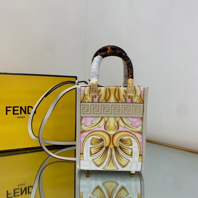 Versace x Fendi Mini Sunshine Shopper Fendace Printed White Leather Mini Bag(13-18-6.5cm) - DopestKickz