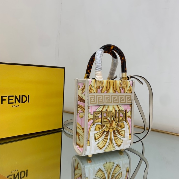 Versace x Fendi Mini Sunshine Shopper Fendace Printed White Leather Mini Bag(13-18-6.5cm) - DopestKickz