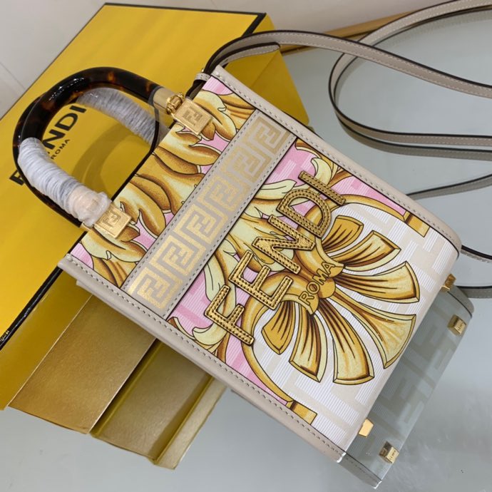 Versace x Fendi Mini Sunshine Shopper Fendace Printed White Leather Mini Bag(13-18-6.5cm) - DopestKickz