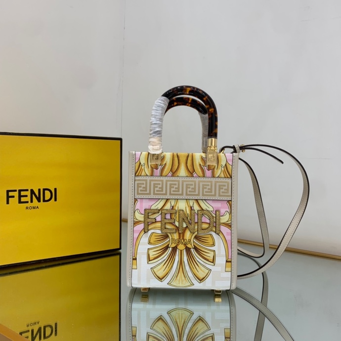 Versace x Fendi Mini Sunshine Shopper Fendace Printed White Leather Mini Bag(13-18-6.5cm) - DopestKickz