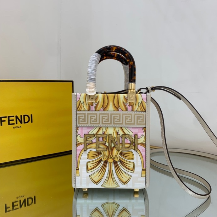 Versace x Fendi Mini Sunshine Shopper Fendace Printed White Leather Mini Bag(13-18-6.5cm) - DopestKickz