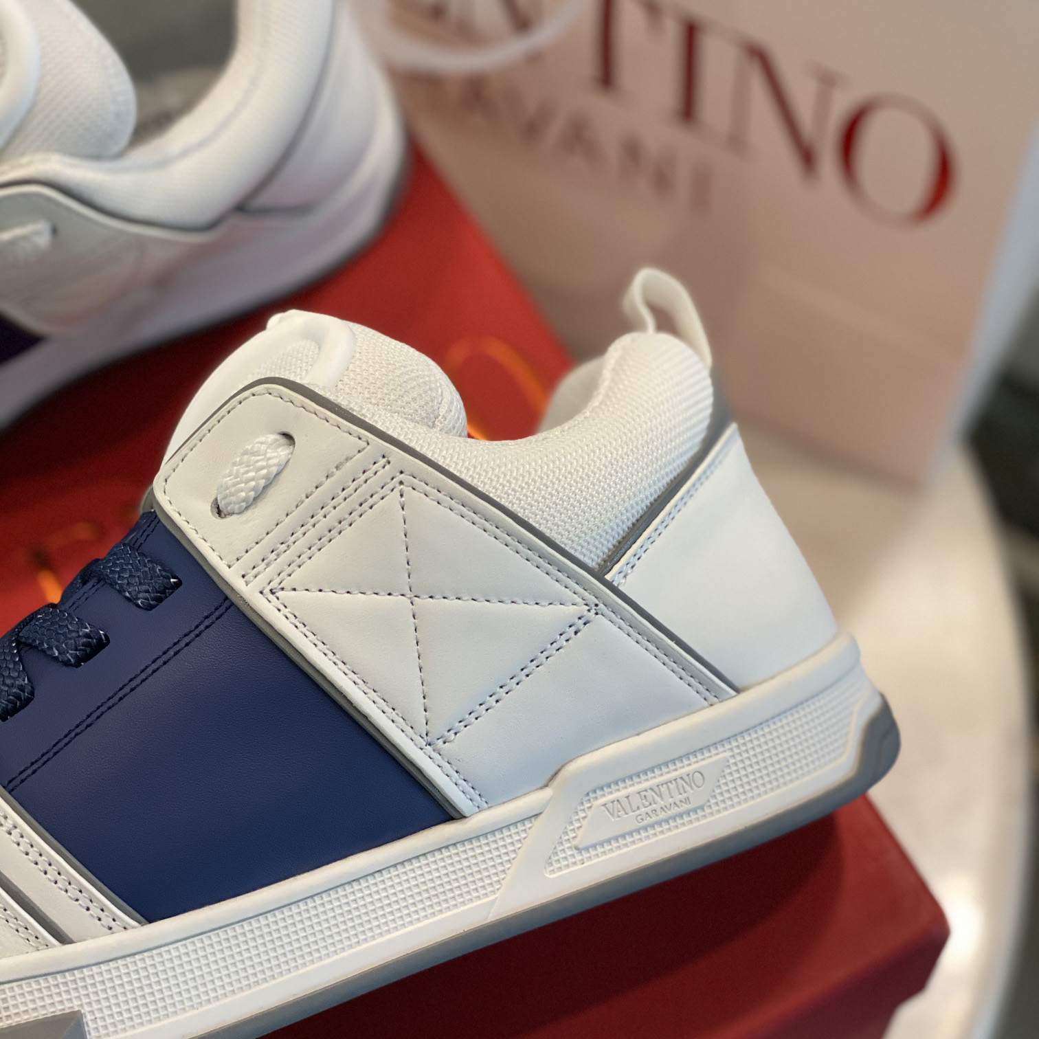 Valenti Open Skate Calfskin And Fabric Sneaker In White/Blue - DopestKickz