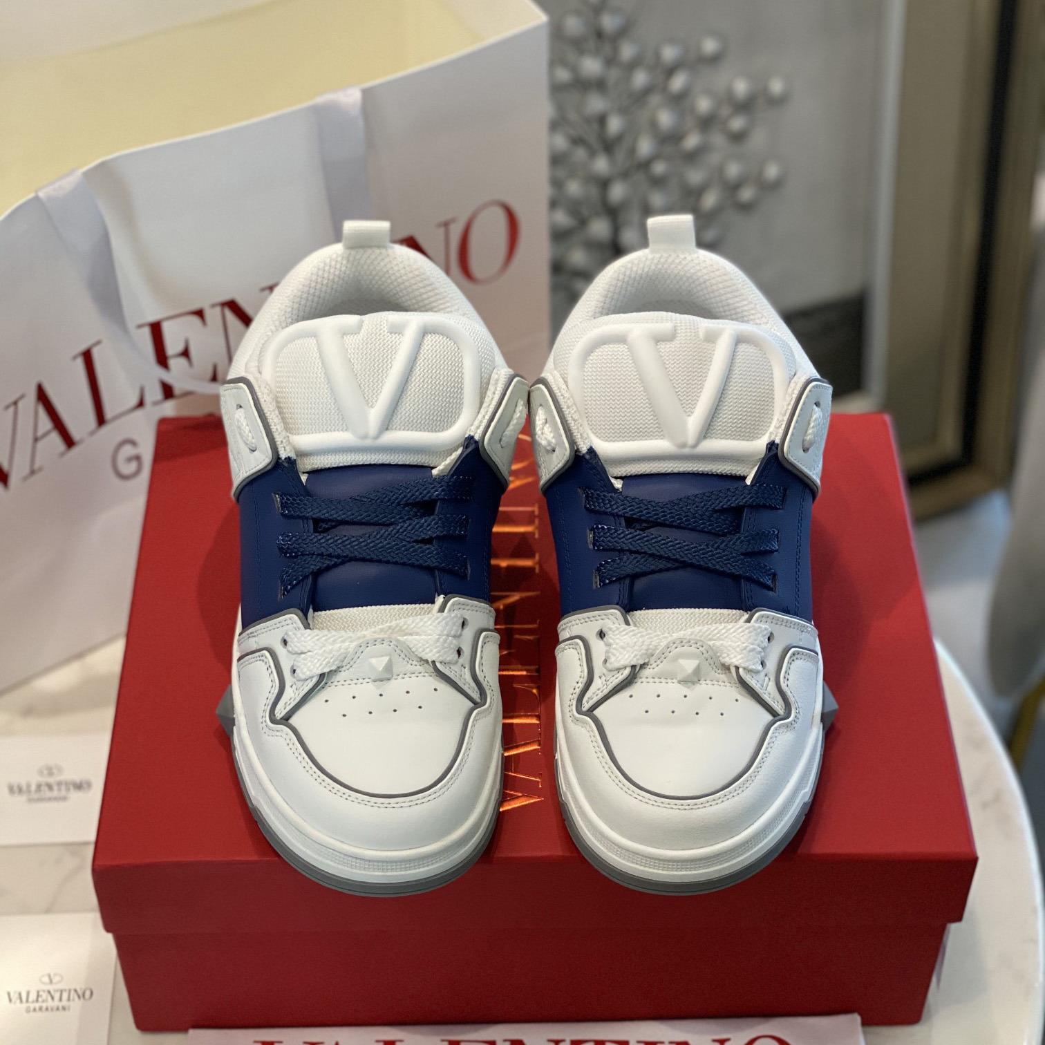 Valenti Open Skate Calfskin And Fabric Sneaker In White/Blue - DopestKickz