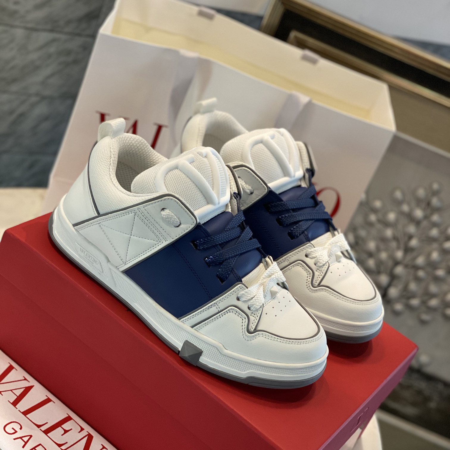 Valenti Open Skate Calfskin And Fabric Sneaker In White/Blue - DopestKickz