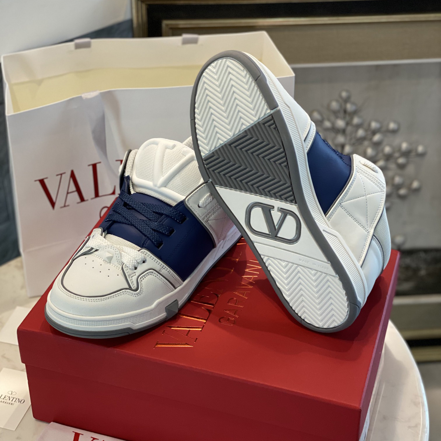 Valenti Open Skate Calfskin And Fabric Sneaker In White/Blue - DopestKickz