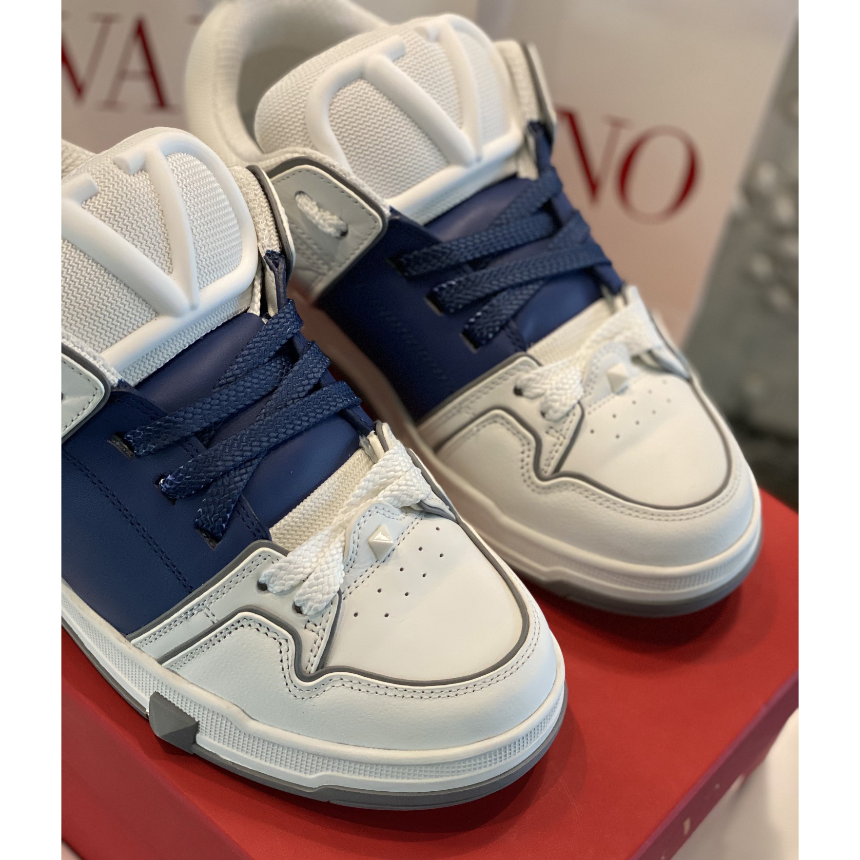 Valenti Open Skate Calfskin And Fabric Sneaker In White/Blue - DopestKickz