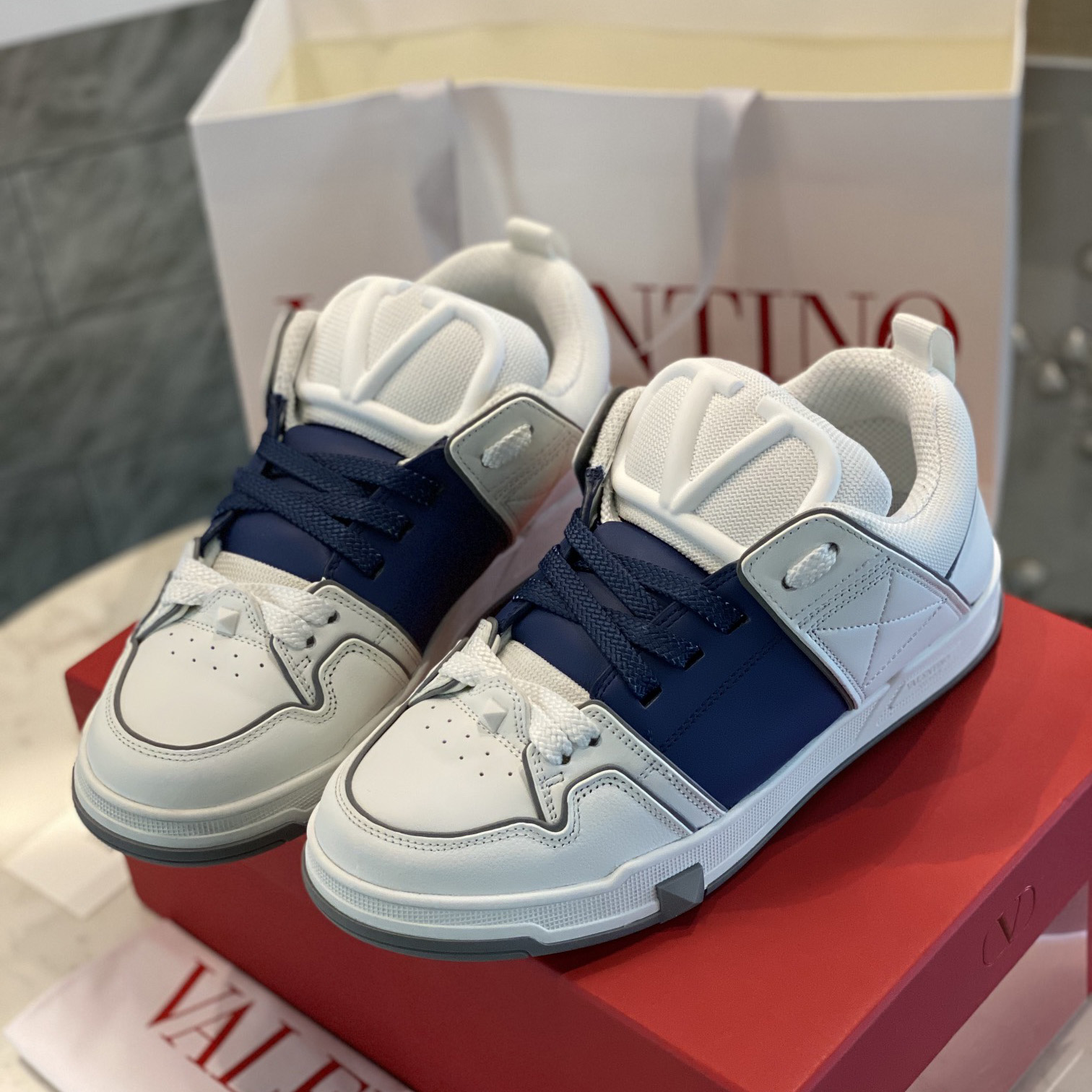Valenti Open Skate Calfskin And Fabric Sneaker In White/Blue - DopestKickz
