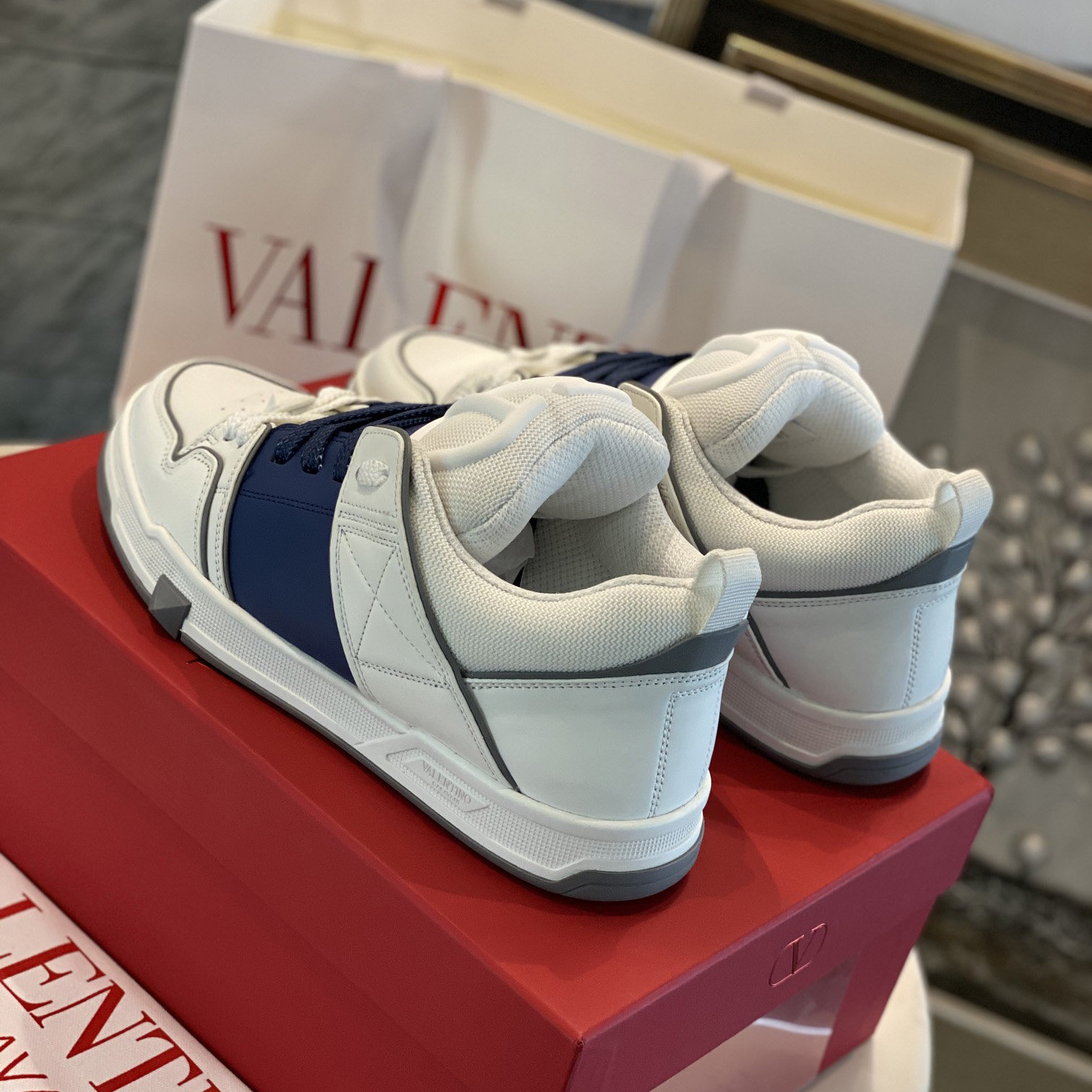 Valenti Open Skate Calfskin And Fabric Sneaker In White/Blue - DopestKickz
