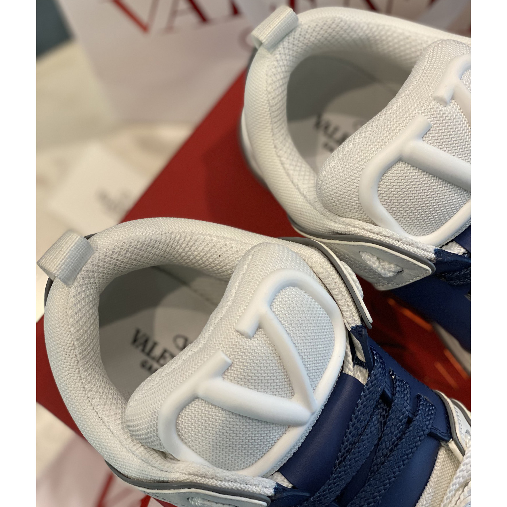 Valenti Open Skate Calfskin And Fabric Sneaker In White/Blue - DopestKickz
