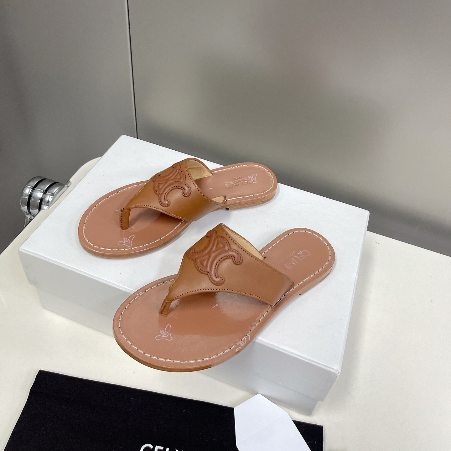 Celine Triomphe Flat Thong In Calfskin Tan - DopestKickz