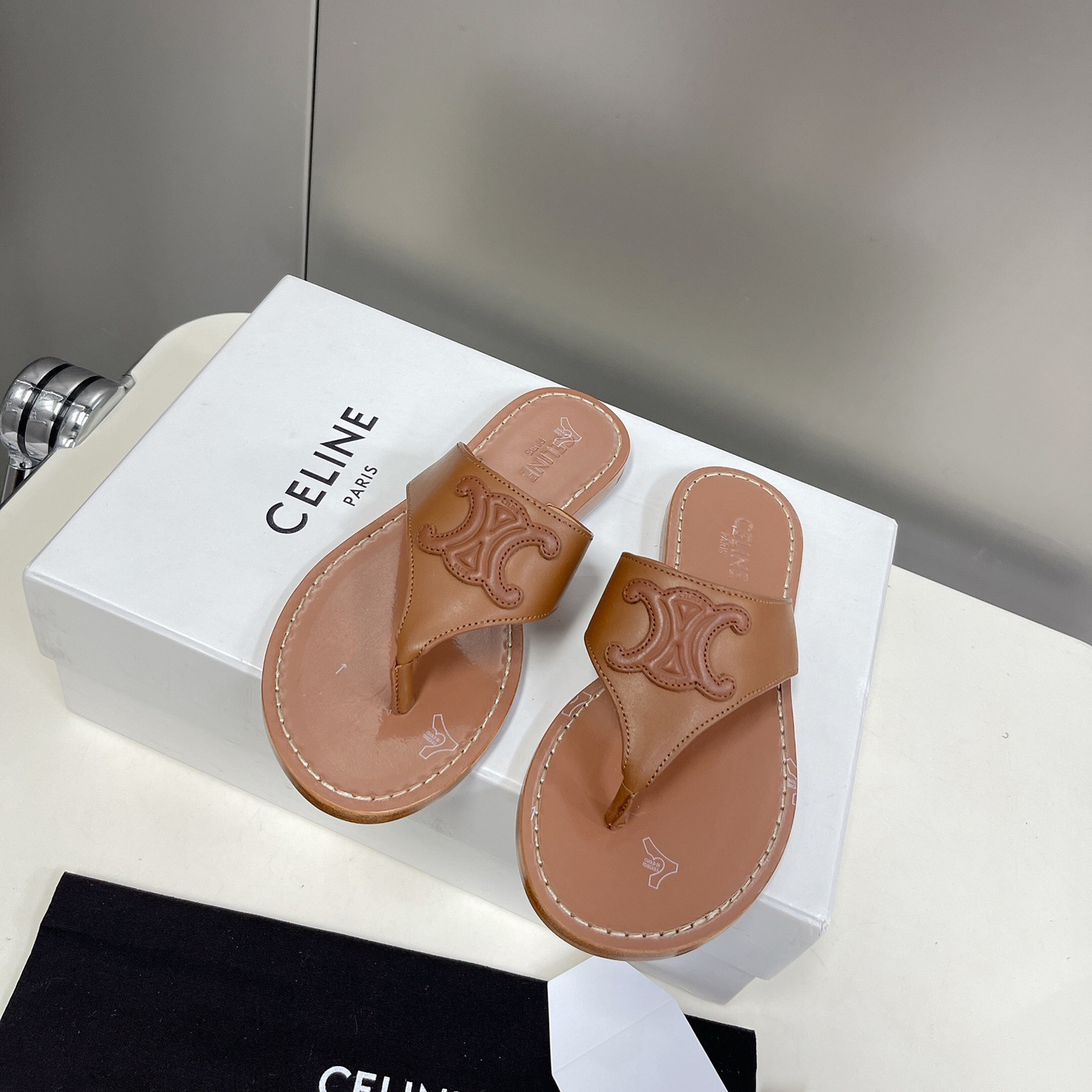Celine Triomphe Flat Thong In Calfskin Tan - DopestKickz