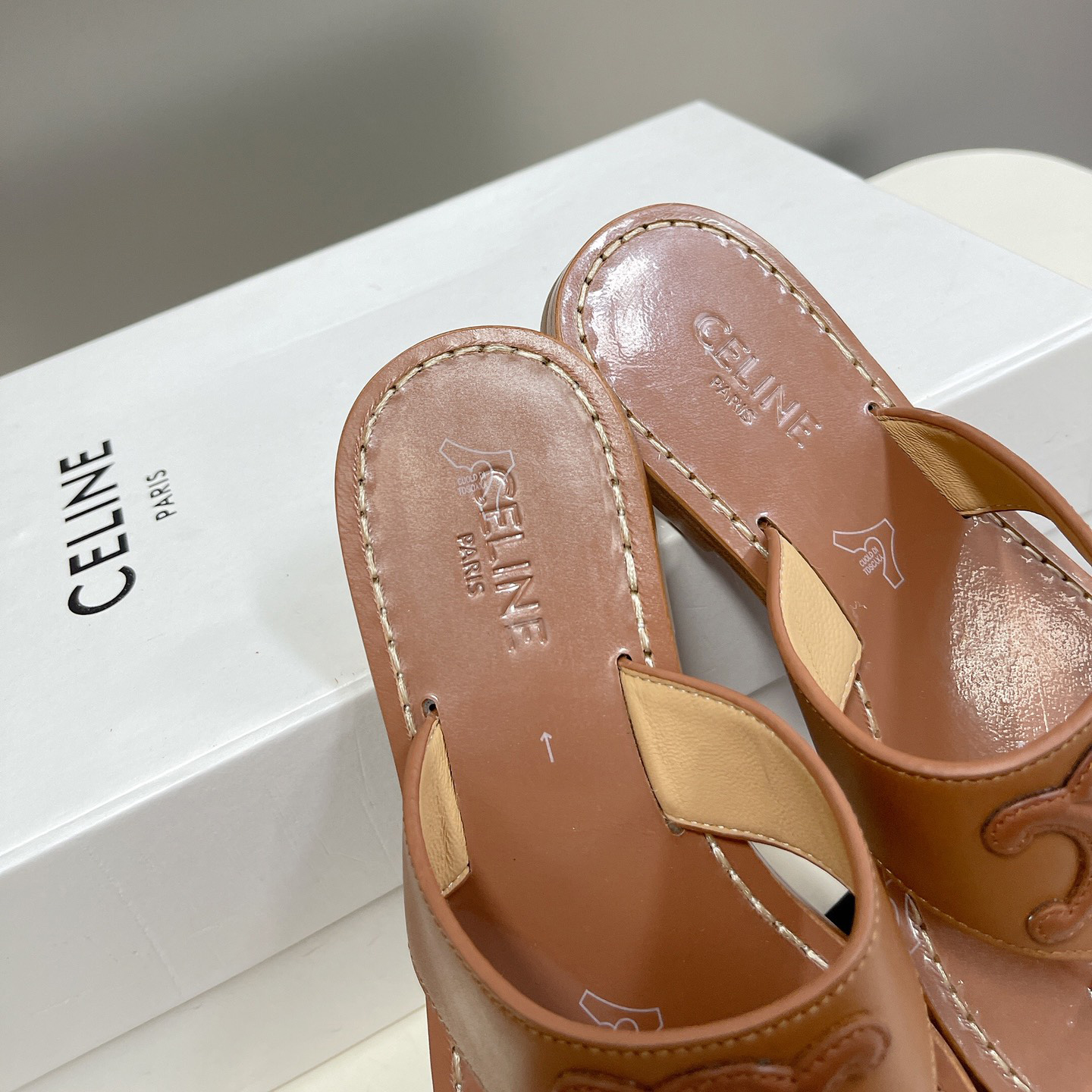Celine Triomphe Flat Thong In Calfskin Tan - DopestKickz