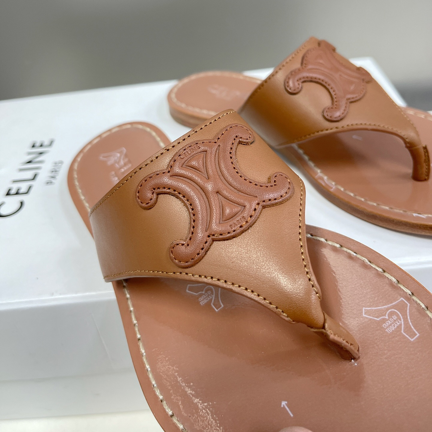 Celine Triomphe Flat Thong In Calfskin Tan - DopestKickz