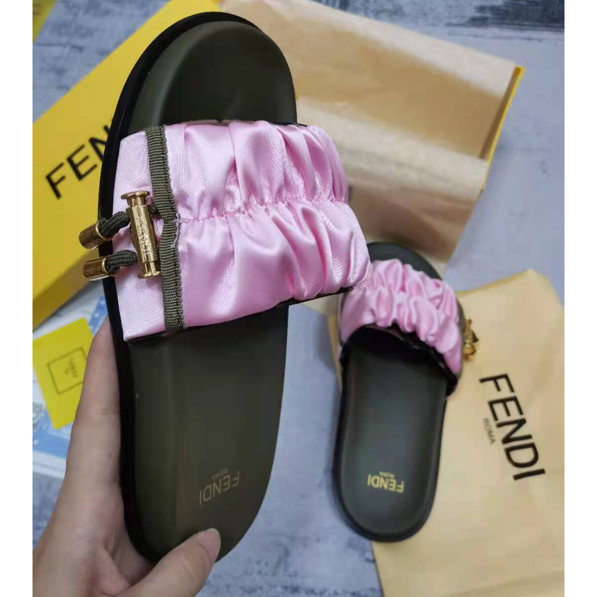 Fendi Fendi Feel Pink Satin Slides - DopestKickz