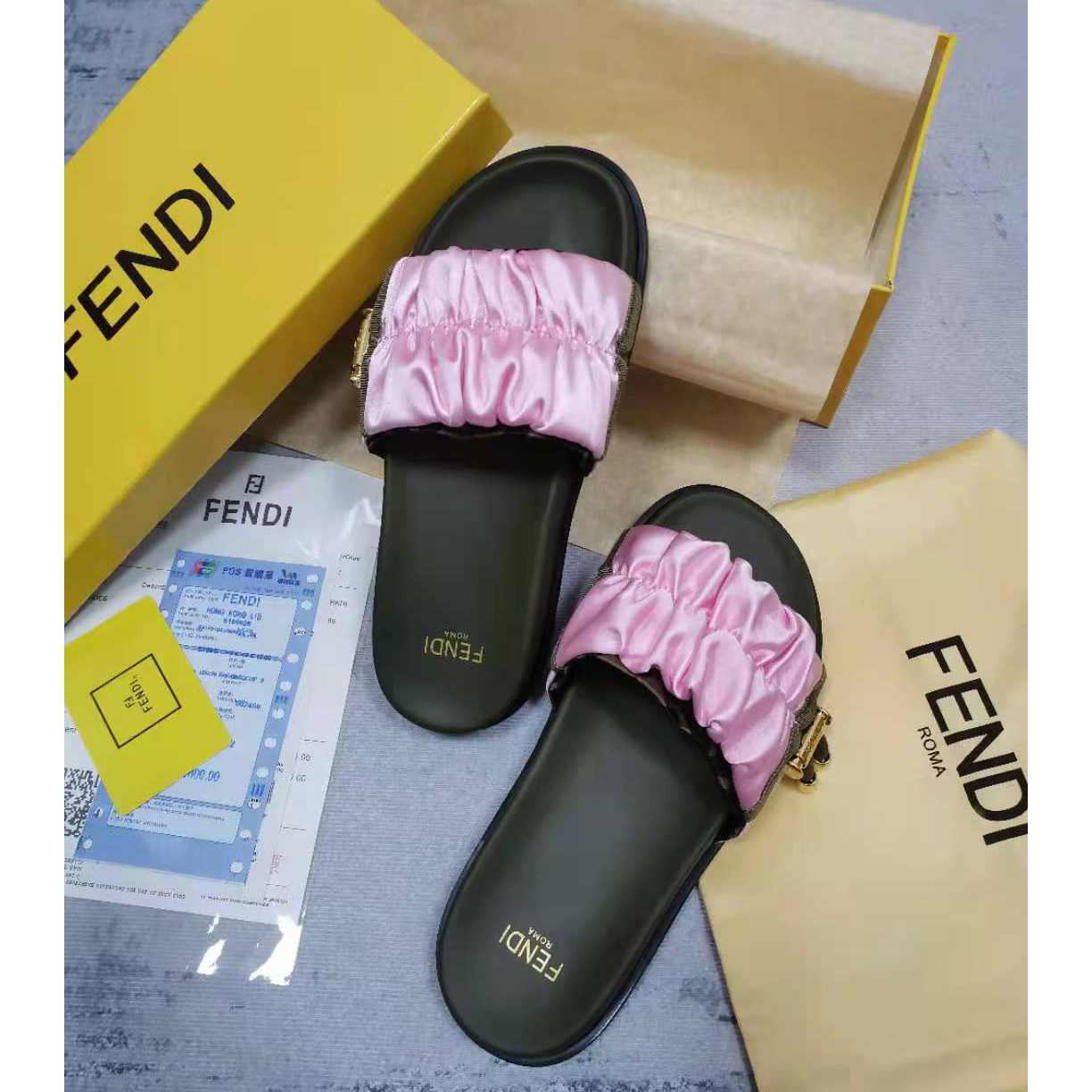 Fendi Fendi Feel Pink Satin Slides - DopestKickz